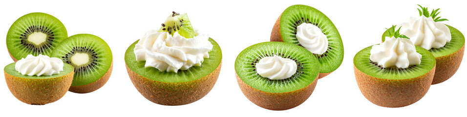 Delicious kiwi with whipped cream PNG set Transparent background
