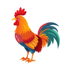 Fototapeta premium Vector illustration of a proud rooster with vibrant feathers and a sharp beak, standing on a white background.