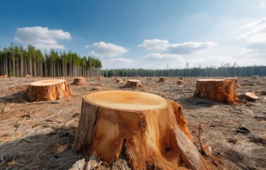 Impact of deforestation evident in barren landscape with scattered tree stumps under bright daylight in a forest setting