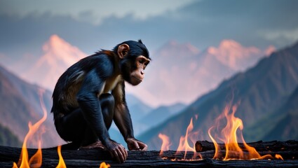 A young chimpanzee sitting on a log in front of flames, with majestic mountains in the background, creating a dramatic contrast between fire and
