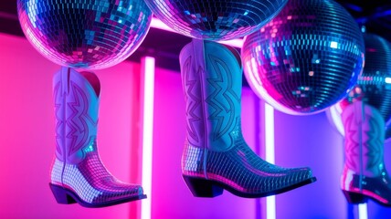 Cowboy boots and disco ball. Vibrant pop culture, modern Y2K aesthetics, glam western.