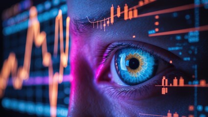 A close-up of a human eye with a colorful iris, overlaid with bright financial charts and graphs, conveying themes of finance and insight