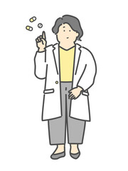 薬の説明をする女性薬剤師の指差しイラスト