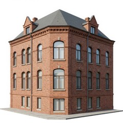 Fototapeta premium View of a three story brick building with gray roof and arched window designs