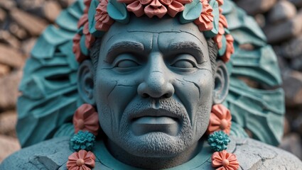 Close-up of a turquoise sculpture featuring a stern facial expression adorned with floral accents, surrounded by textured stones