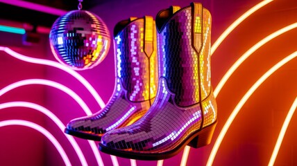 Cowboy boots and disco ball. Vibrant pop culture, modern Y2K aesthetics, glam western.