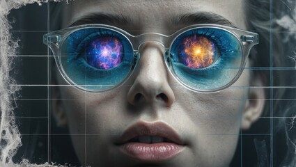 Close-up of a woman wearing futuristic glasses reflecting a cosmic view, with vibrant colors and a dreamy ambiance
