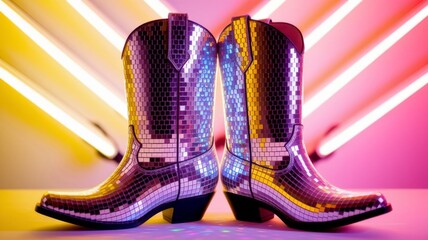 Cowboy boots and disco ball. Vibrant pop culture, modern Y2K aesthetics, glam western.