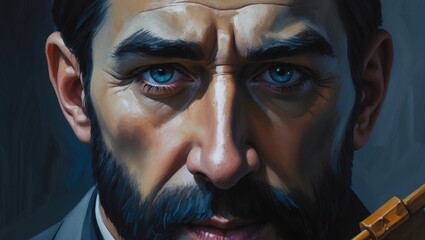 A close-up portrait of a man with a serious expression, showcasing intense blue eyes and a well-groomed beard, holding a firearm