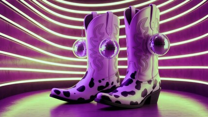 Obraz premium Cowboy boots and disco ball. Vibrant pop culture, modern Y2K aesthetics, glam western.