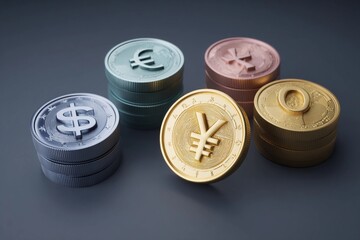 Icons of Global Currencies Shimmering in Artistic Arrangement on a Dark Background Generative AI