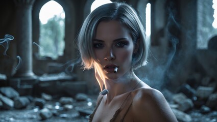 A captivating portrait of a woman with short hair, smoke swirling around her in an abandoned environment, evoking a sense of mystery