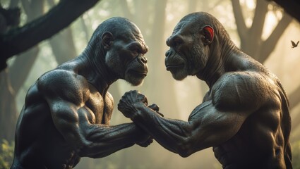 Dramatic scene of two muscular gorillas in a fierce standoff amidst a misty forest, highlighting their intense expressions and powerful build