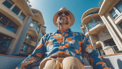 A smiling elderly man in a colorful floral shirt and a sun hat relaxing outdoors in a sunny environment with contemporary buildings in the