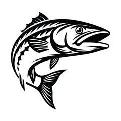 Striking Monochrome Barracuda Illustration, Leaping Fish with Detailed Fins and Open Mouth