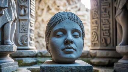 Intricate stone sculpture of a serene woman's face in an ancient architectural setting with carved columns