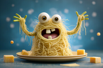 Silly food monster character made of spaghetti nest body, meatball eyes, zucchini arms, and cheese teeth, served on a comic-themed kids' plate with fun background.