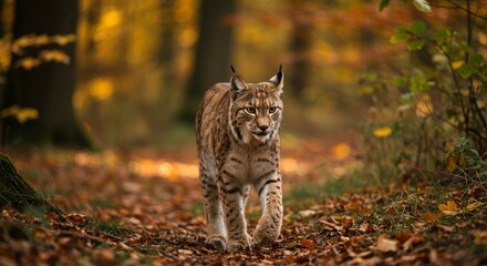 Naklejka premium Eurasian Lynx Walking Through An Autumn Forest With Golden Light