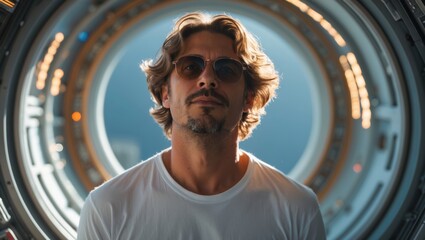 Man in sunglasses standing confidently in a futuristic circular environment with intricate details