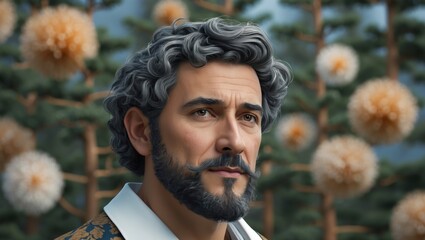 Portrait of a distinguished man with curly hair and a beard amidst a serene nature background featuring fluffy flowers and trees