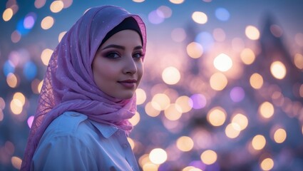 Portrait of a young woman wearing a pink hijab against a backdrop of shimmering bokeh lights, creating a dreamy and serene atmosphere