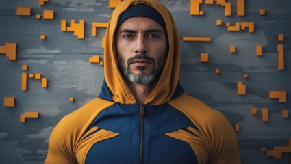 Portrait of a muscular man in a hooded jacket with an abstract orange and gray backdrop, exuding confidence and intensity