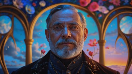 Portrait of a middle-aged man with a gray beard and glasses in an ornate setting, surrounded by vibrant floral designs and a sunset backdrop