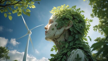 A serene figure adorned with lush greenery, standing against a backdrop of a wind turbine under a bright blue sky, symbolizing harmony between nature