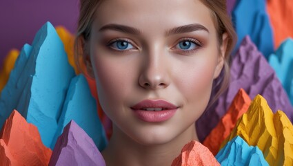 Portrait of a young woman with blue eyes surrounded by colorful paper mountain sculptures, conveying beauty and creativity
