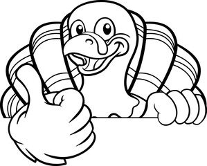 A turkey Thanksgiving cartoon bird Christmas mascot peeking around a sign with copy space