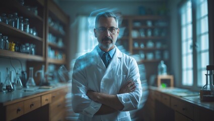 Serious male scientist in a laboratory, wearing a white lab coat with arms crossed, surrounded by scientific equipment and glassware, blue light