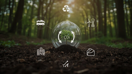 Carbon footprint reduction co2 through renewable energy sourcing and emissions trading by businessman managing net-zero strategy on laptop