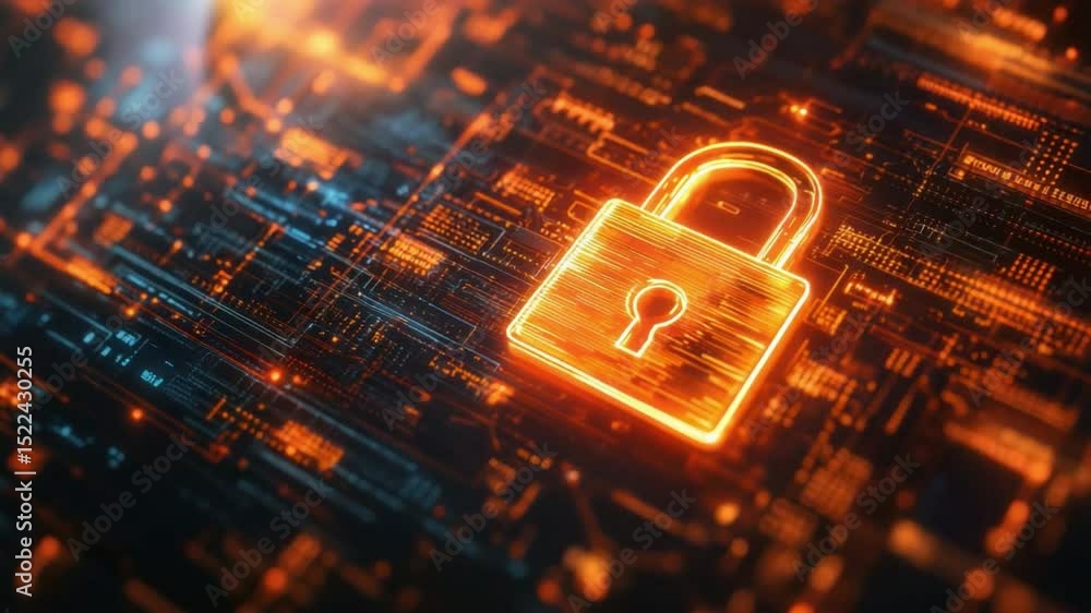 Poster cyber security: a glowing digital padlock is placed at the core of the computer circuitry, a powerfu