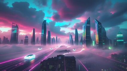 Cyberpunk City Skyline with Neon Lights and Flying Cars