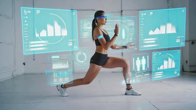 Asian young woman in sportswear performing exercise with a high-tech holographic displays, Analyze physical health data