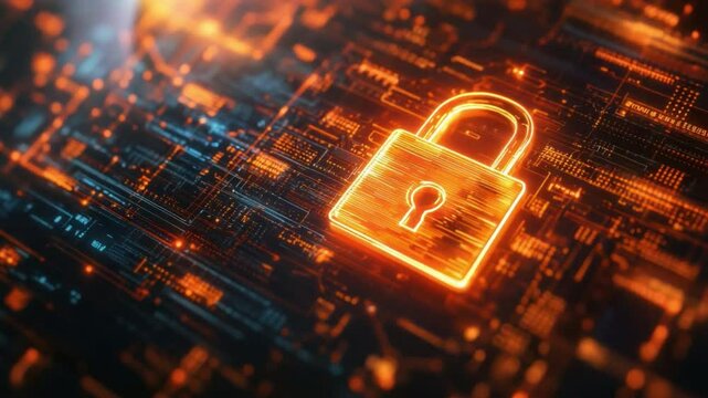 Cyber Security: A glowing digital padlock is placed at the core of the computer circuitry, a powerful visual metaphor for data safety and protection.