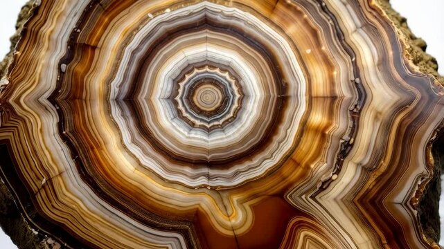 Cross-section of a brown and beige banded agate gemstone forming concentric circle patterns with a radiating, textured appearance.