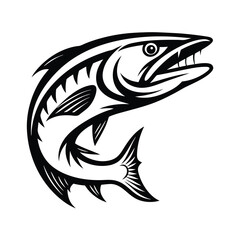 Aggressive Barracuda Fish Leaping with Sharp Teeth Black and White Silhouette Style