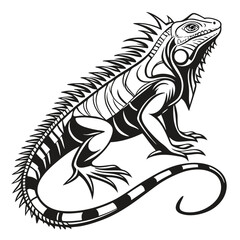 Stylized Iguana Standing Silhouette, Black Line Art Illustration, Reptile Animal Design