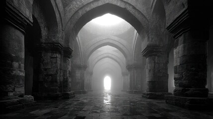 Naklejka premium Monochromatic Mystical Arches: A Journey Through Ancient Architecture
