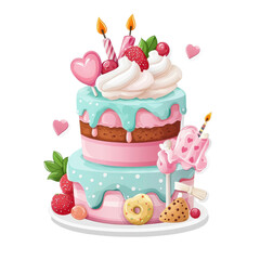 Flat style illustration of a birthday cake, isolated on white background. PNG