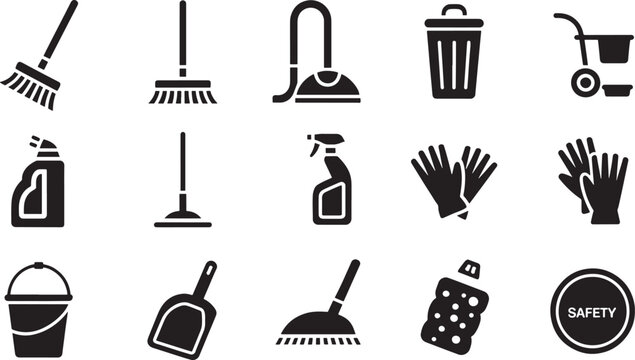 Black cleaning supplies icon set depicting essential tools for housekeeping and safety