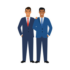 Two smiling businessmen in suits standing together