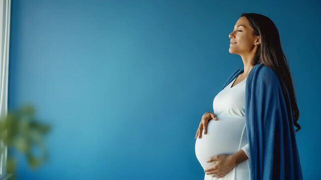 Pregnant hispanic female smiling in white dress against blue wall