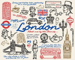 Plakat Beautiful Whimsical London set of vector illustration