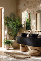 Modern natural bathroom interior with black basins, stone walls, plants and sunlight.