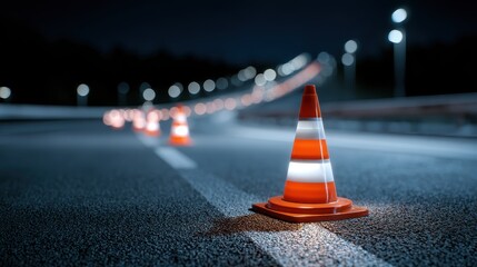 Road Construction at Night with Traffic Cones