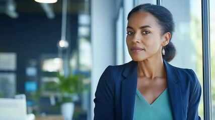 Confident mature african female professional looking thoughtfully at office window