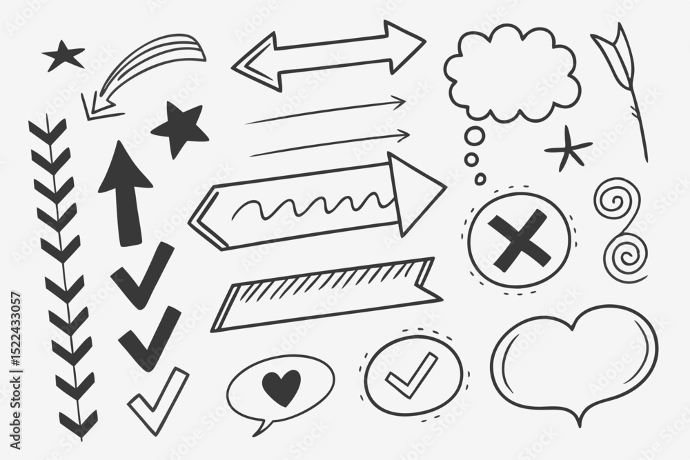 Poster collection of hand drawn doodle elements including arrows stars check marks and speech bubbles avail