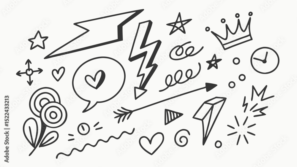 Poster hand drawn doodle elements set of various shapes and icons suitable for design projects on a white b